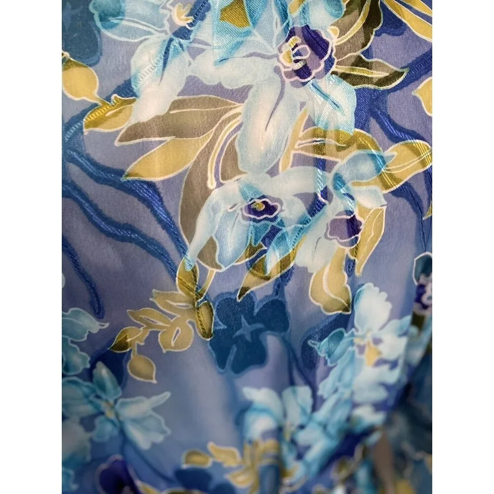 Vintage California Dynasty Blue Semi‎ Sheer Floral Long Robe Medium Pockets EUC